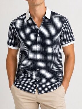 Michael Kors Navy Polka Dot Slim Fit Button Up Shirt XL Short Sleeve
